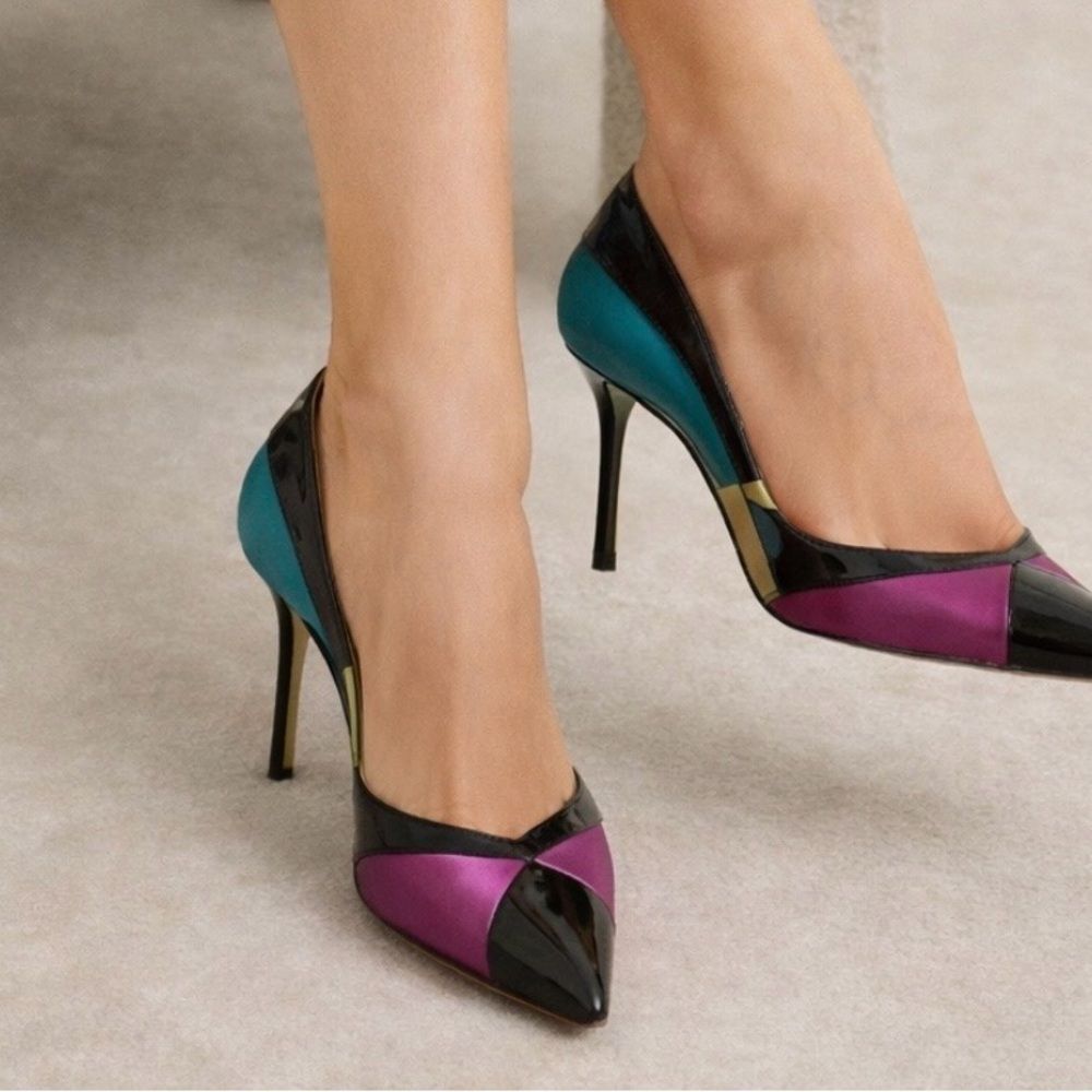 Casadei Italy Leather  Stiletto Pumps Teal Magenta Black Wedding Cocktail Sz 11